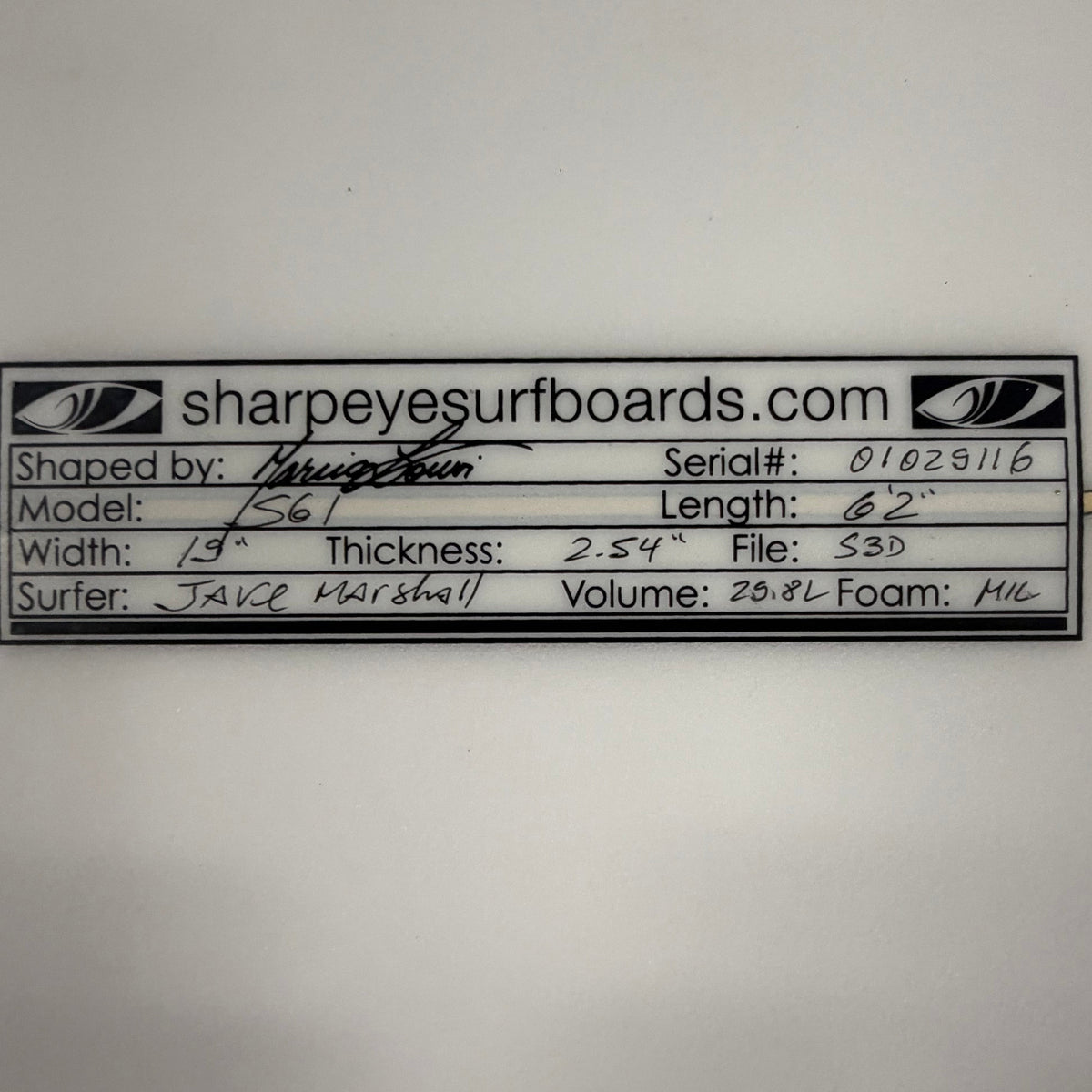 USA工場在庫 中古 Jake Marshall SG-1 6'2" x 19" x 2.54" 29.8L