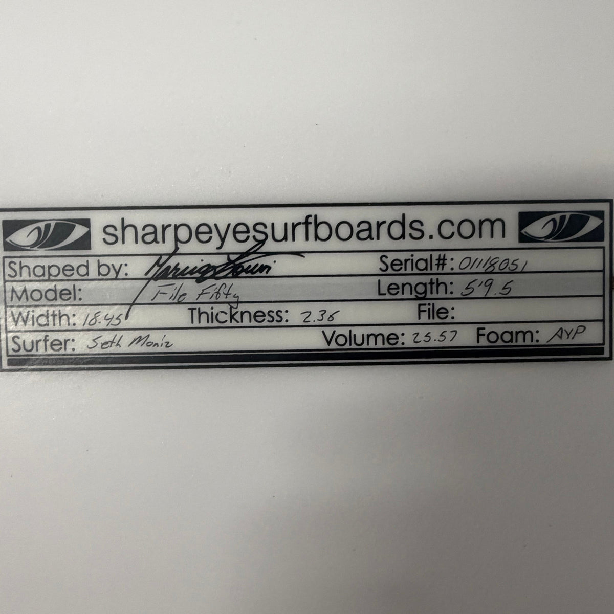 USA工場在庫 中古 Seth Moniz File Fifty 5'9.5" x 18.45" x 2.36" 25.57L