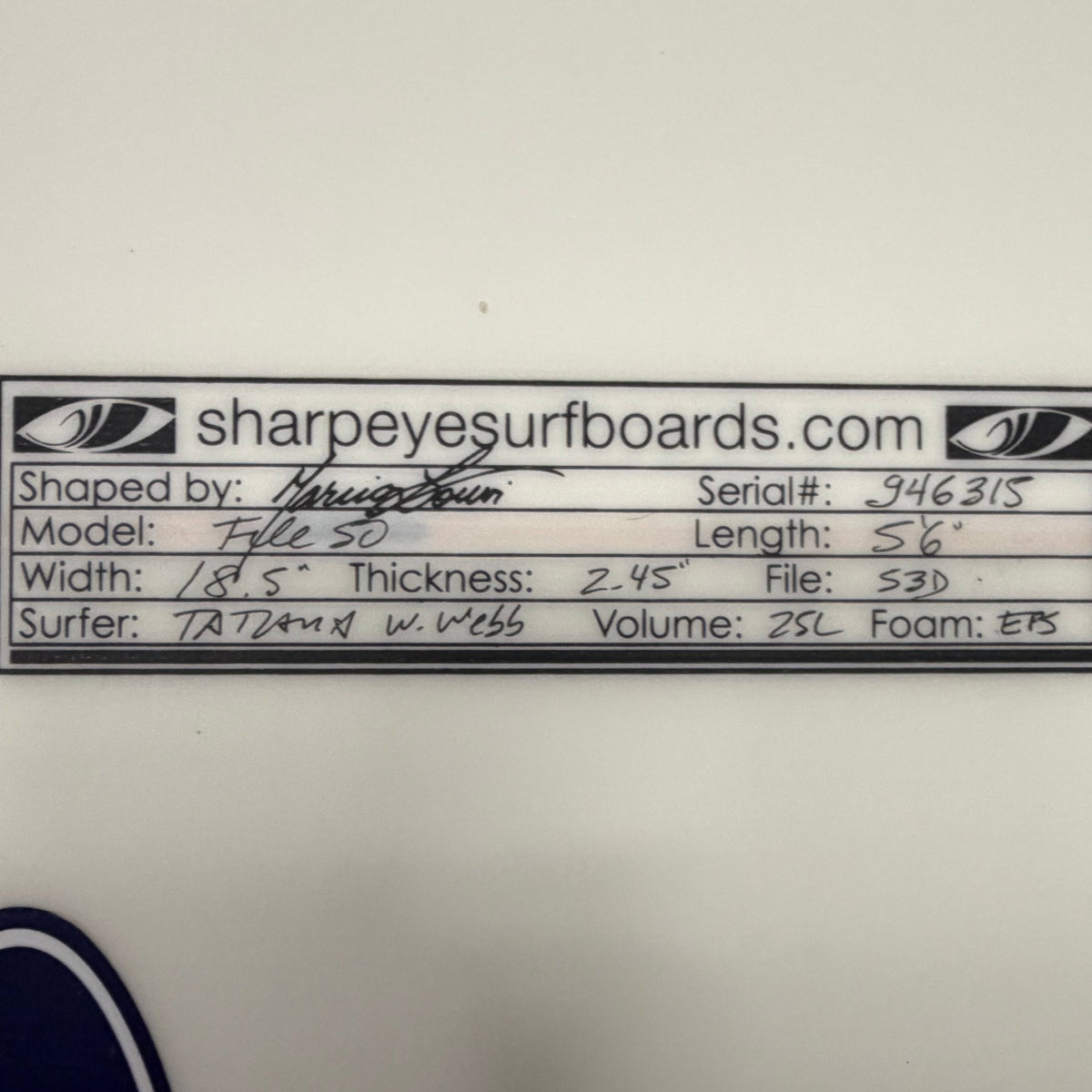 USA工場在庫 Lightly 中古 Tatiana Weston-Webb File Fifty 5'6" x 18.5" x 2.45" 25L Stringered EPS