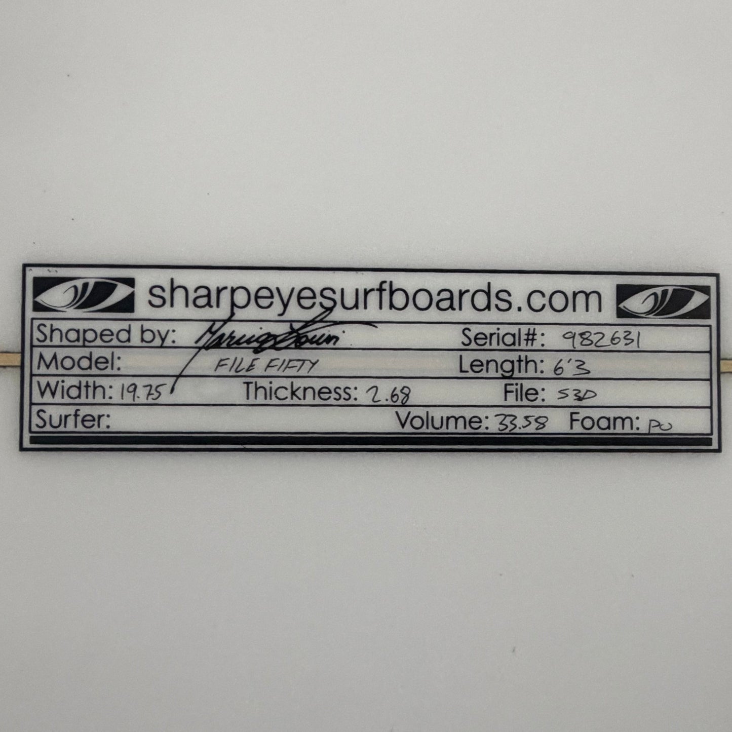 USA工場在庫 未使用品 File Fifty 6'3" x 19.75" x 2.68" 33.58