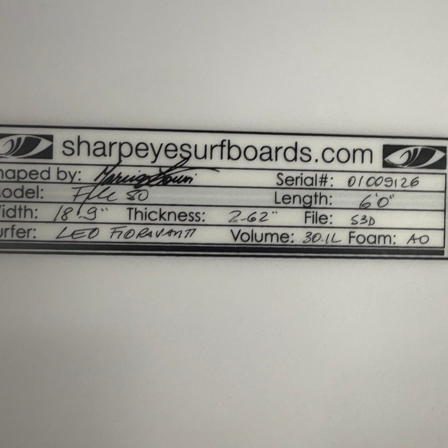 USA工場在庫 中古 Leo Fioravanti File 50 6'0" x 18.9" x 2.62" 30.1L