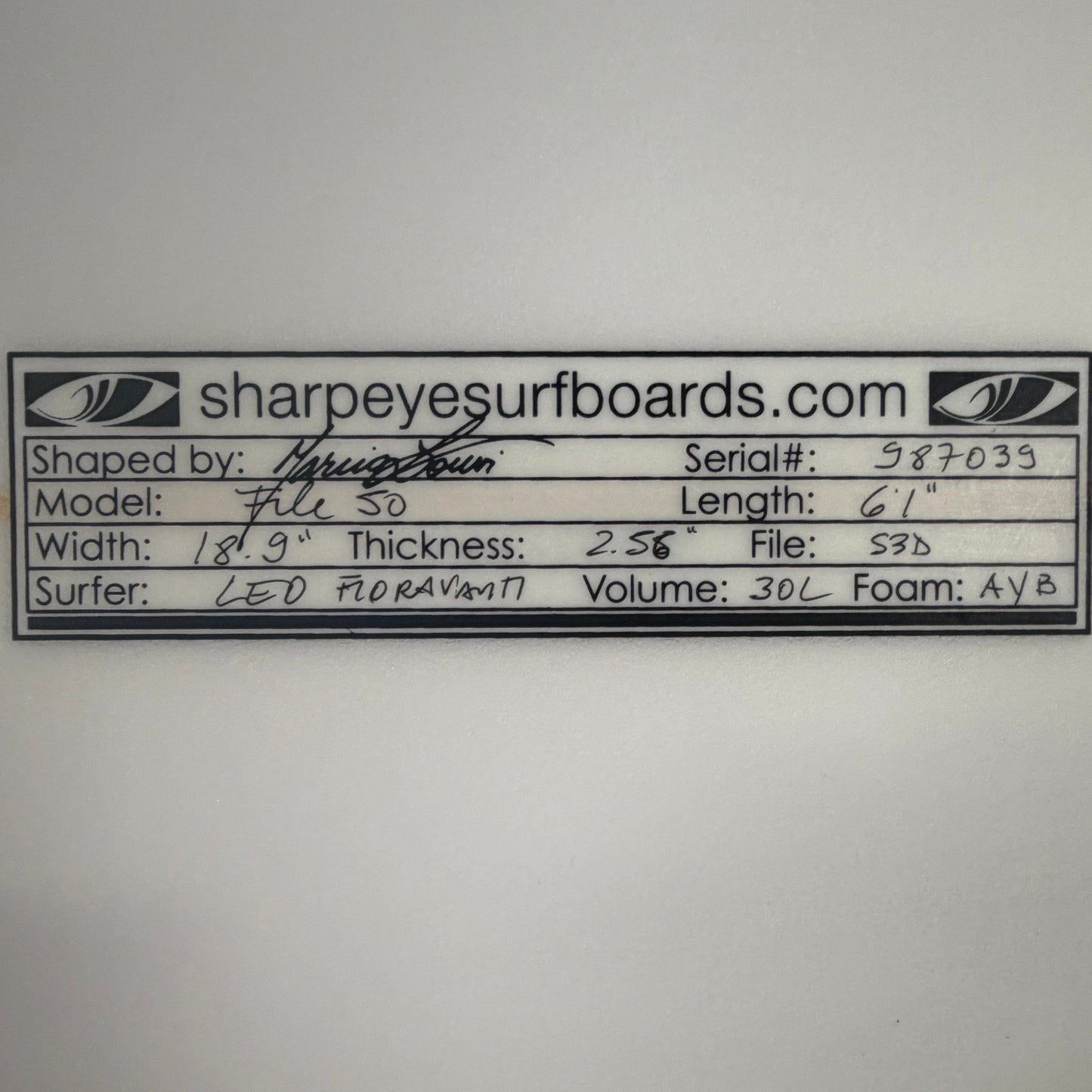 USA工場在庫 中古 Leo Fioravanti File 50 6'1" x 18.9" x 2.56" 30L