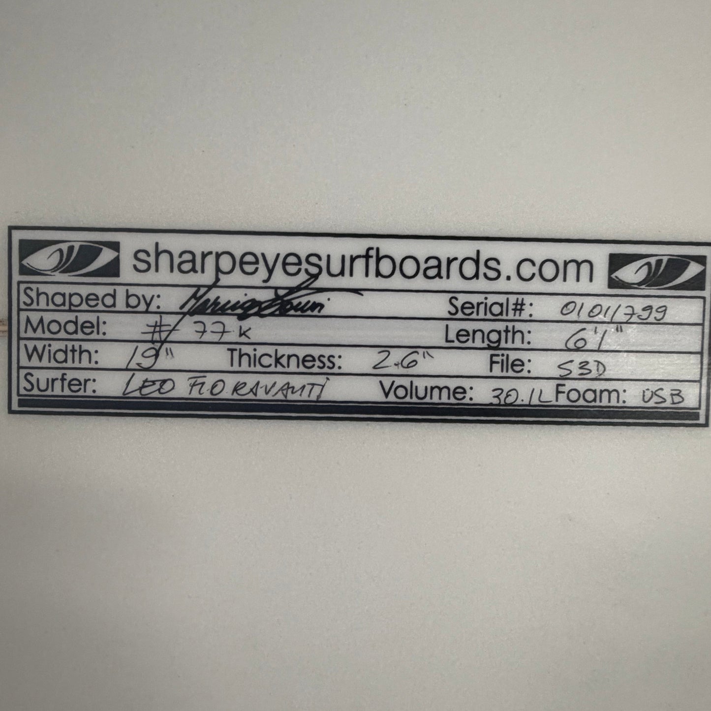 USA工場在庫 中古 Leo Fioravanti #77k 6'1" x 19" x 2.6" 30.1L