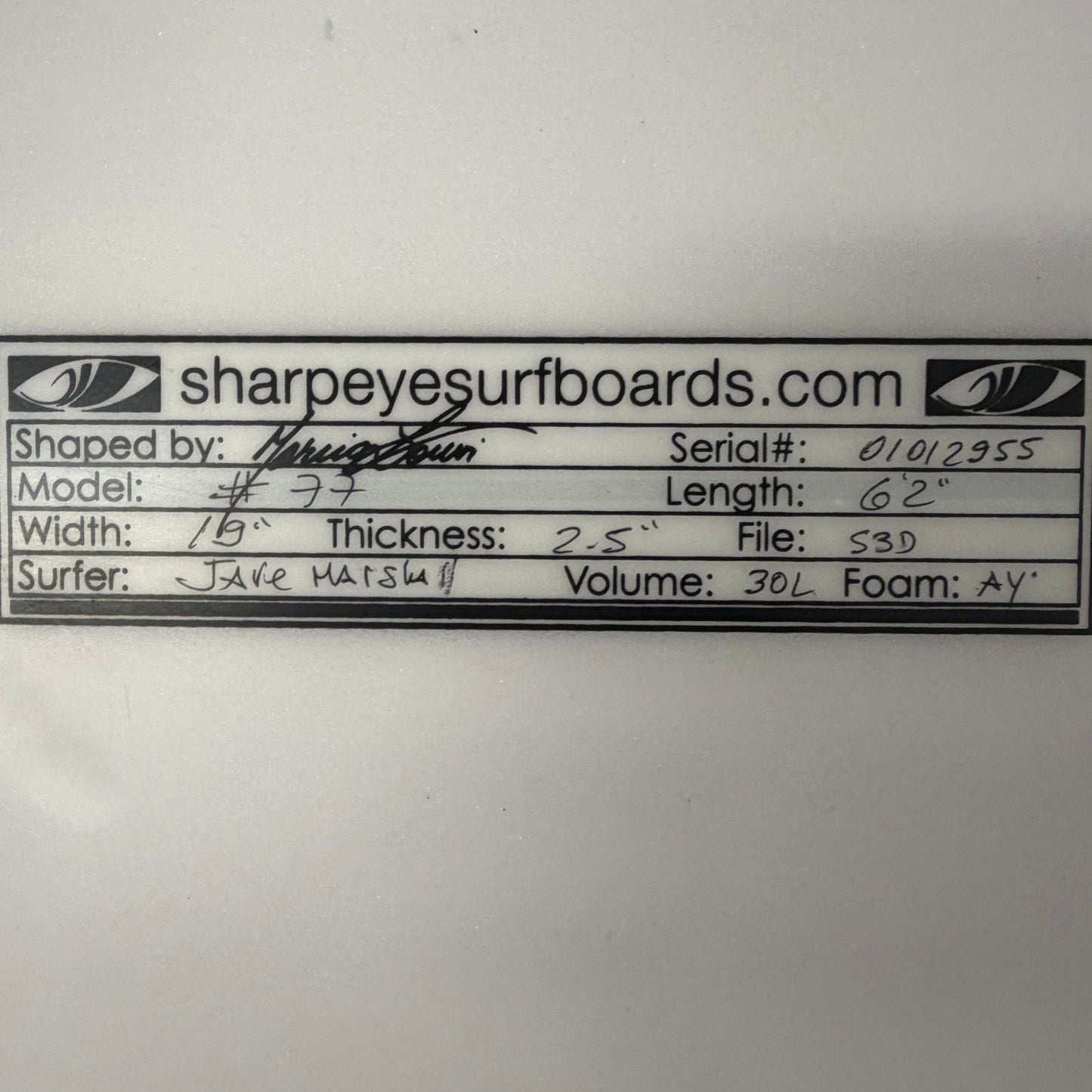USA工場在庫 中古 Jake Marshall 77 6'2" x 19" x 2.5" 30L