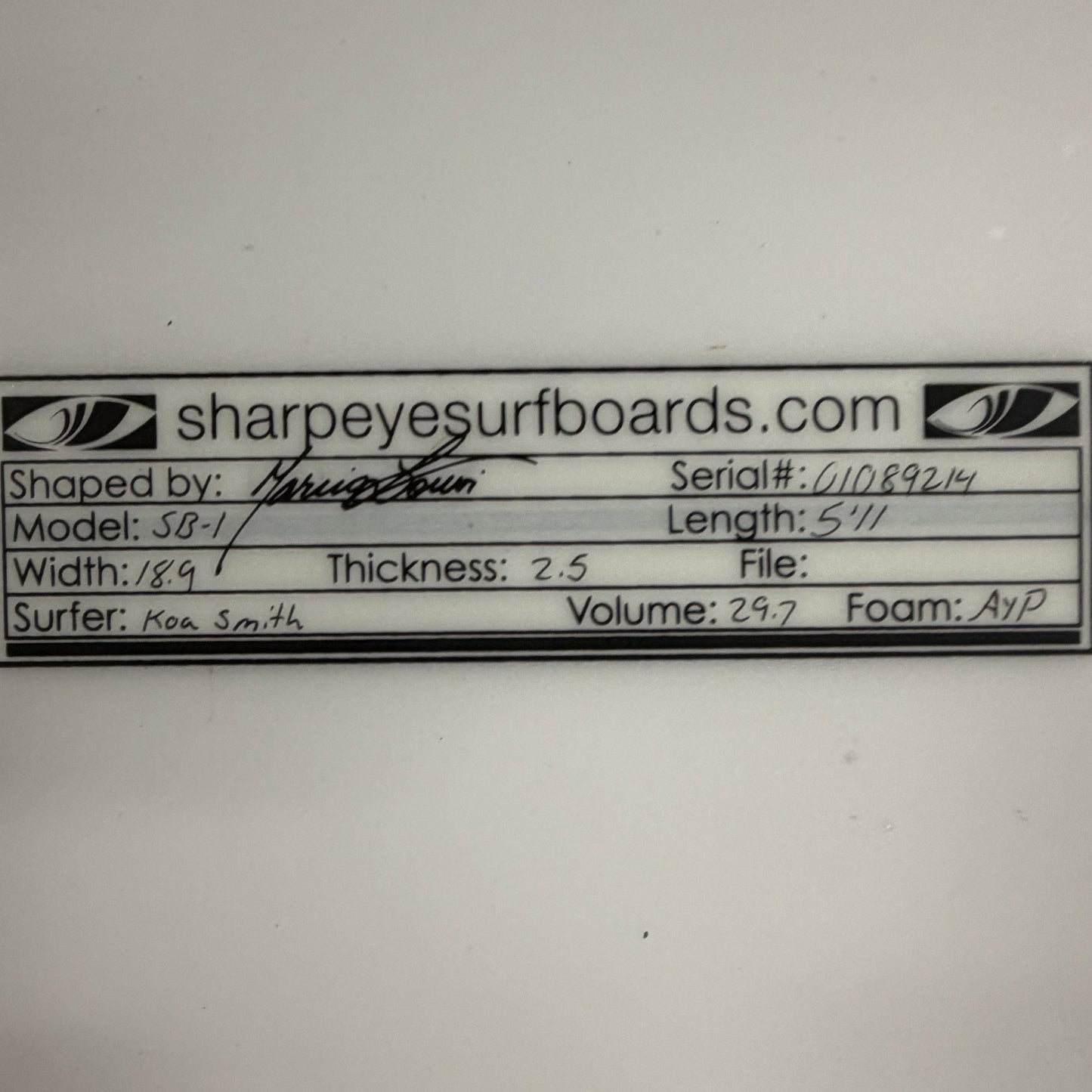 USA工場在庫 中古 Koa Smith SB-1 5'11" x 18.9" x 2.5" 29.7L