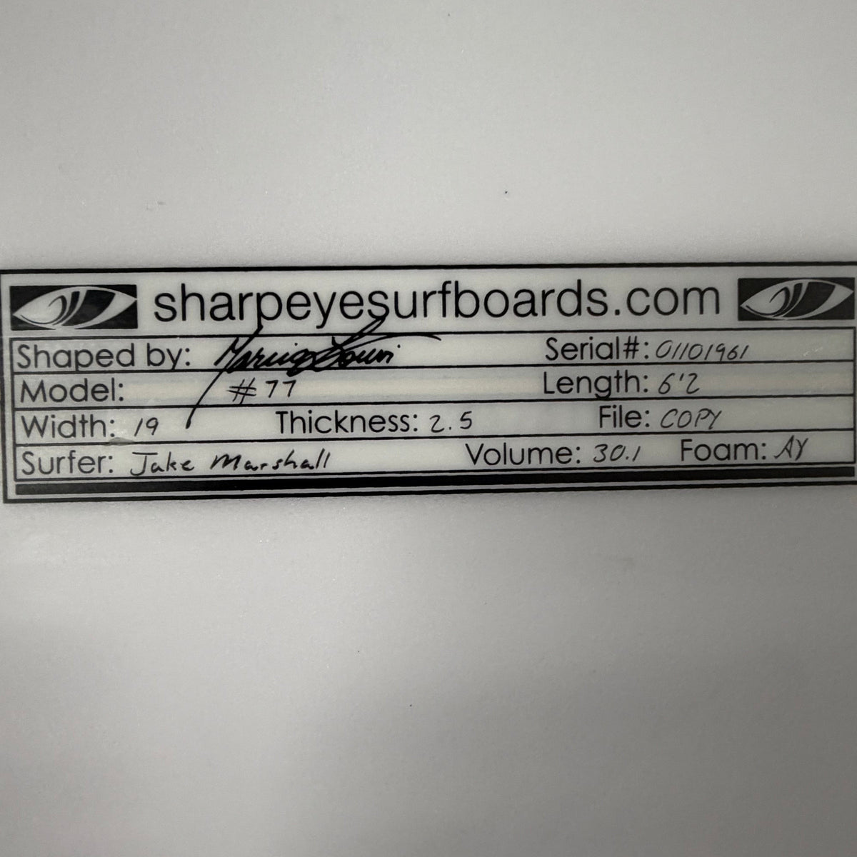 USA工場在庫 中古 Jake Marshall #77 6'2" x 19" x 2.5" 30.1L