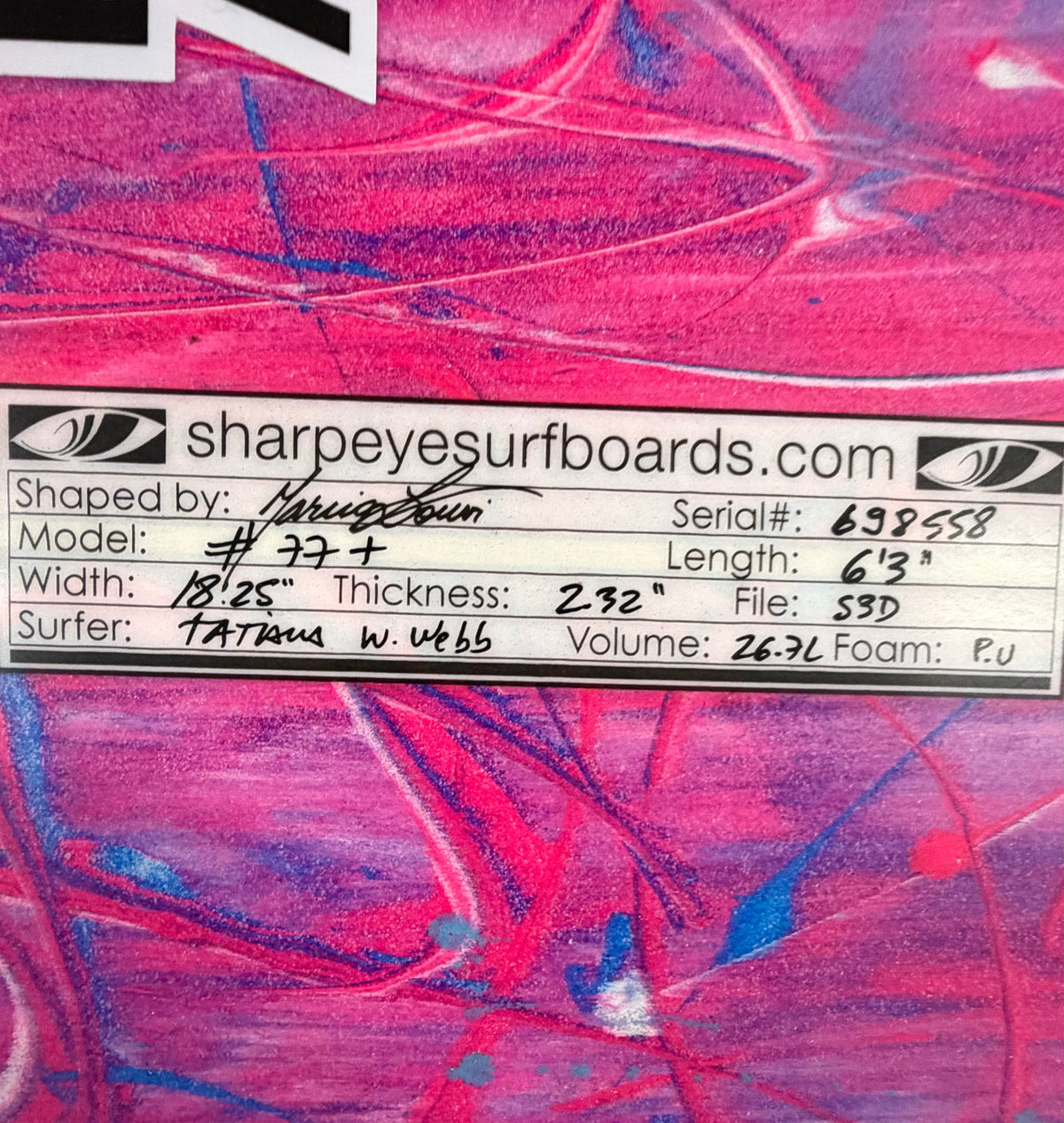 USA工場在庫 中古 Tatiana Weston Webb #77+ 6'3" x 18.25" x 2.32" 27.5L