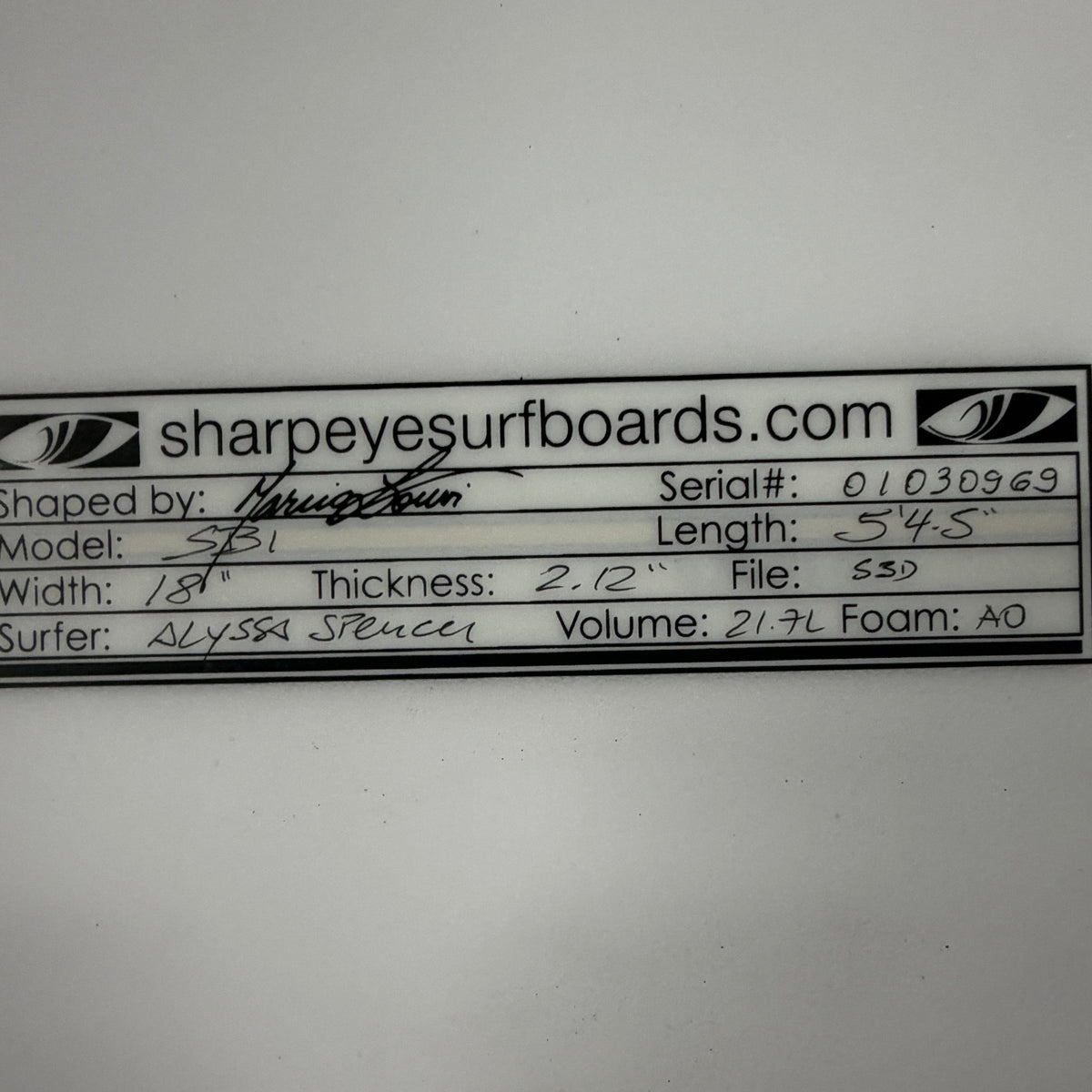 USA工場在庫 中古 Alyssa Spencer SB-1 5'4.5" x 18" x 2.12" 21.7L
