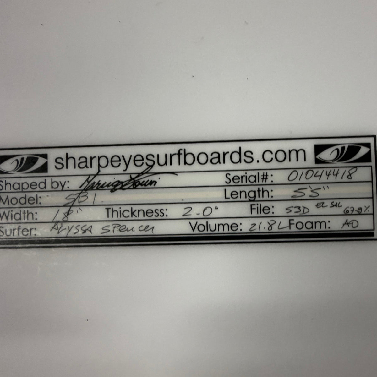 USA工場在庫 中古 Alyssa Spencer SB-1 5'5" x 18" x 2.12" 21.7L (Nose Repair)
