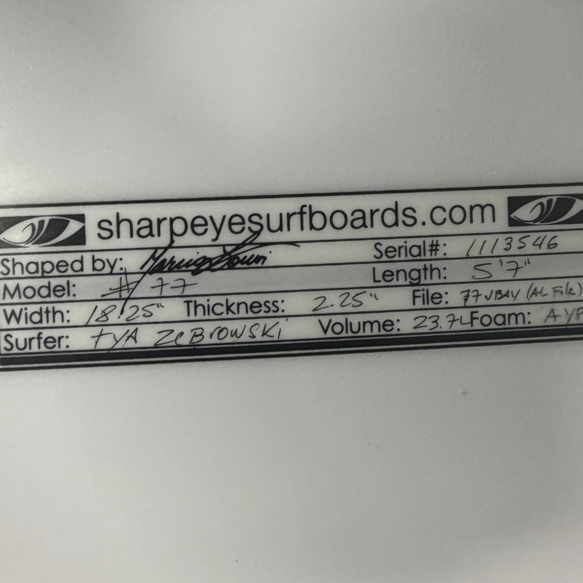 USA工場在庫 中古 Tya #77 5'7" x 18.25" x 2.25" 23.7L