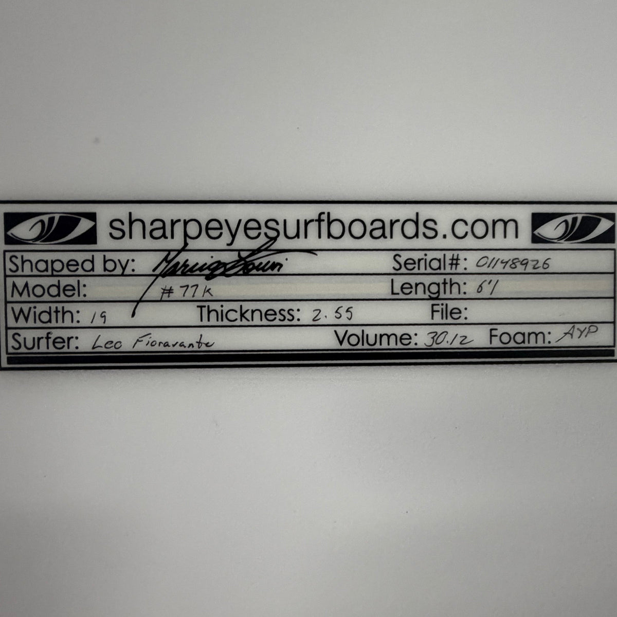 USA工場在庫 中古 Leo Fioravanti #77K 6'1" x 19" x 2.55" 30.12L