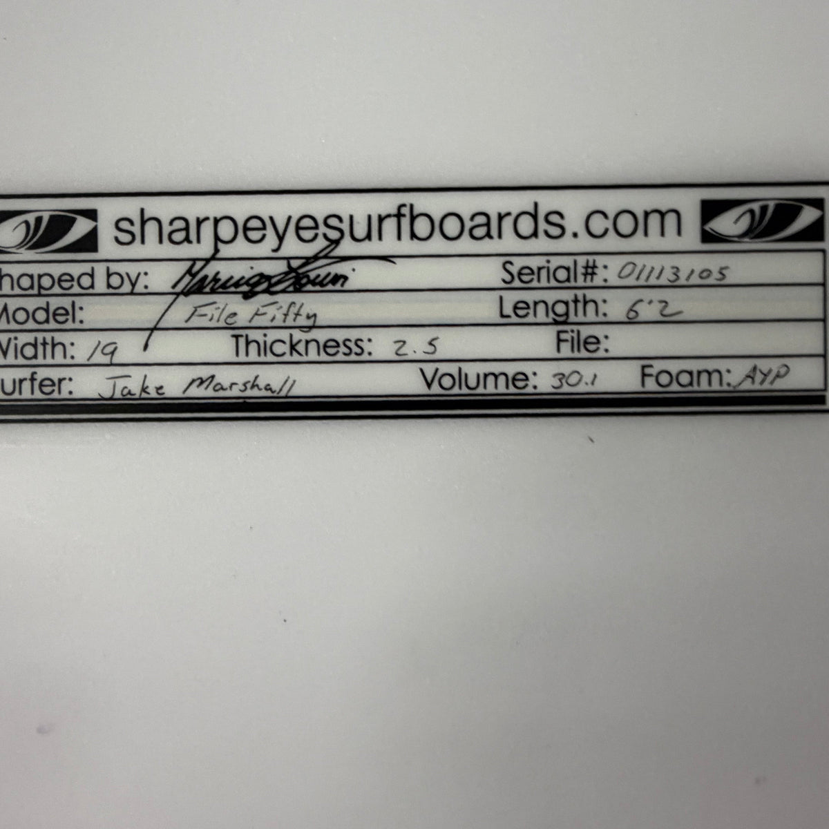 USA工場在庫 中古 Jake Marshall File Fifty 6'2" x 19" x 2.5" 30.1L