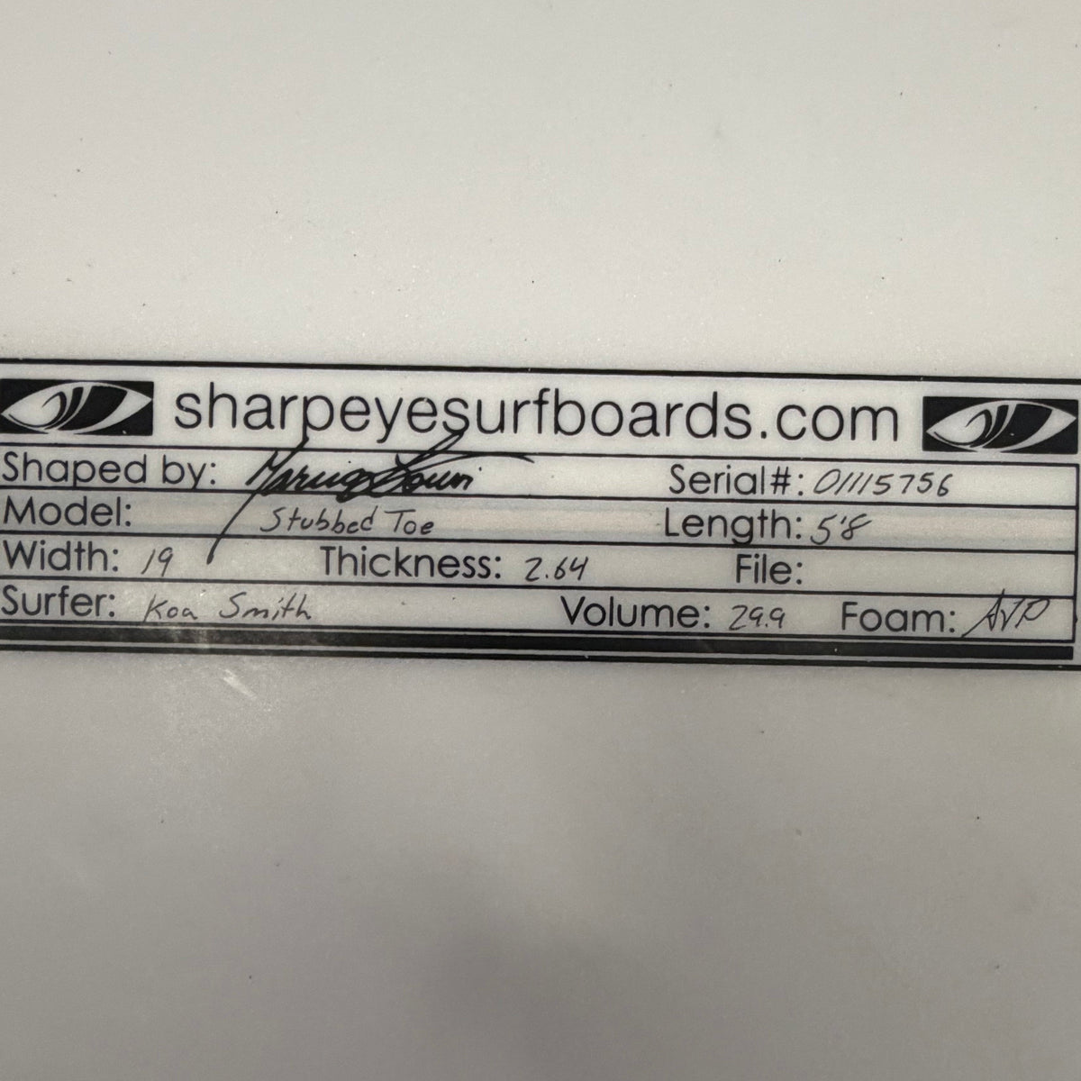 USA工場在庫 中古 Koa Smith Stubbed Toe (Barrel Prototype) 5'8" x 19" x 2.64" 29.9L