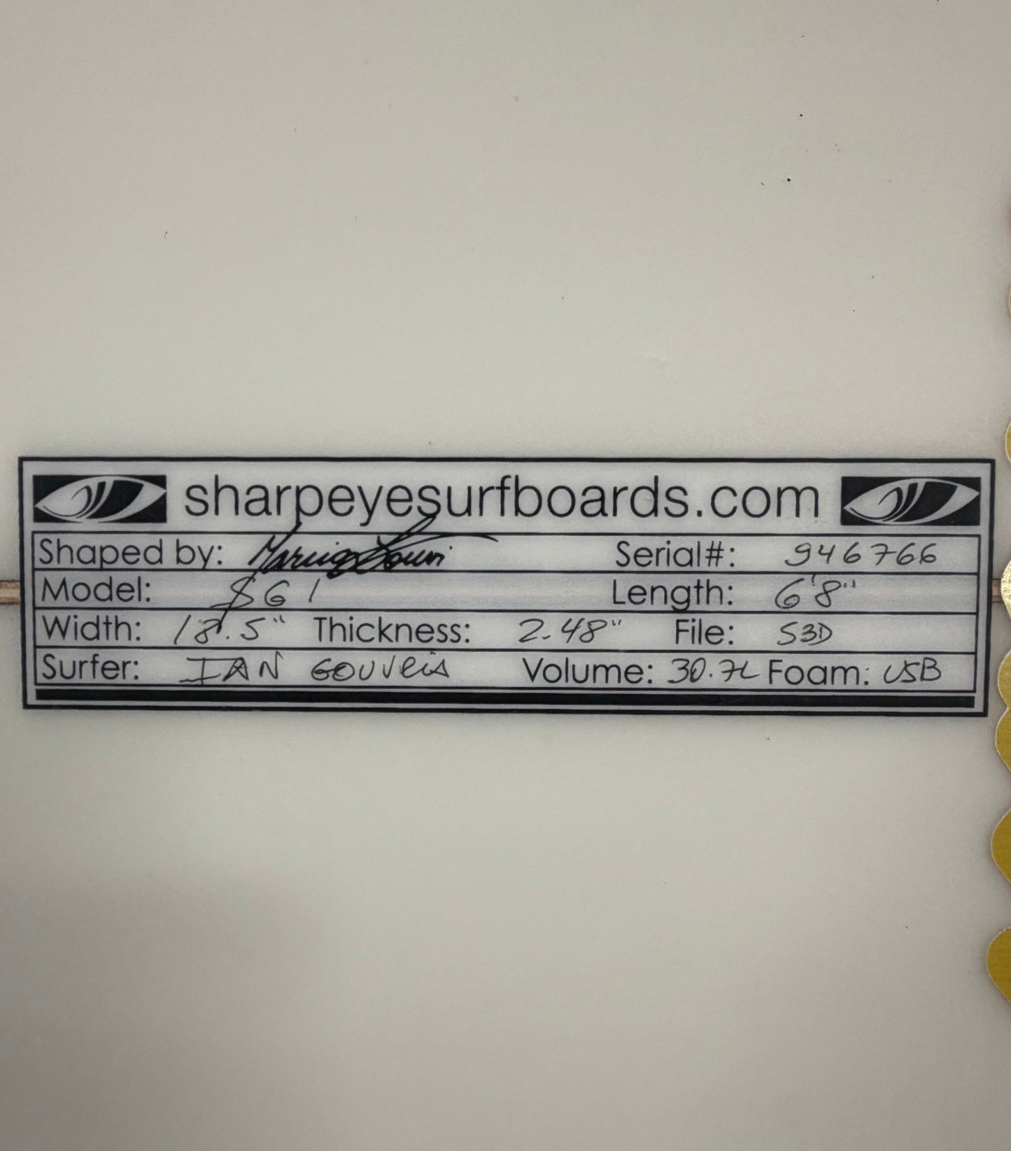 USA工場在庫 中古 Ian Gouveia SG - 1 6'8" X 18.5" X 2.48" 30.7L
