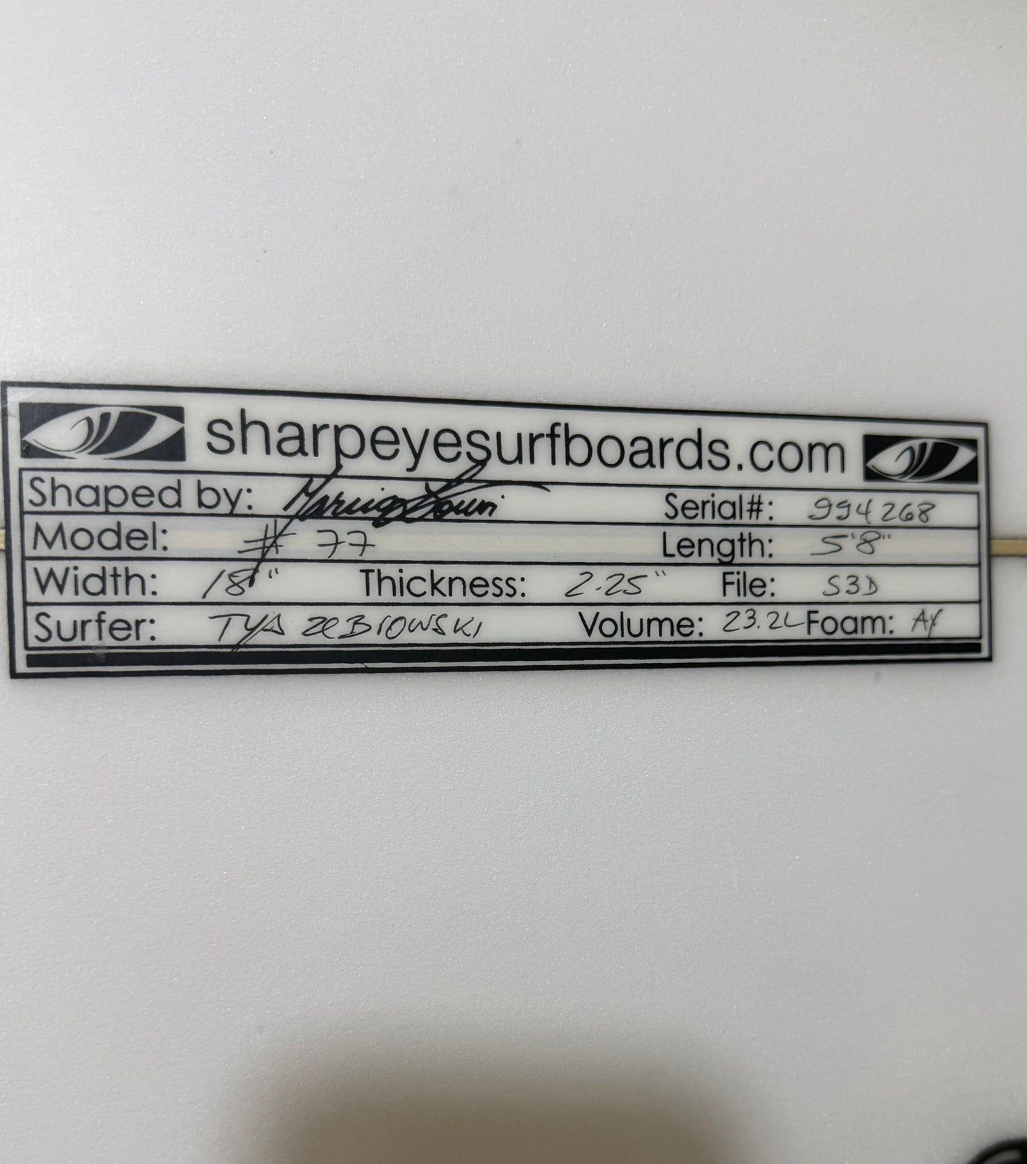 USA工場在庫 中古 Tya #77 5'8" x 18" x 2.25" 23.2L