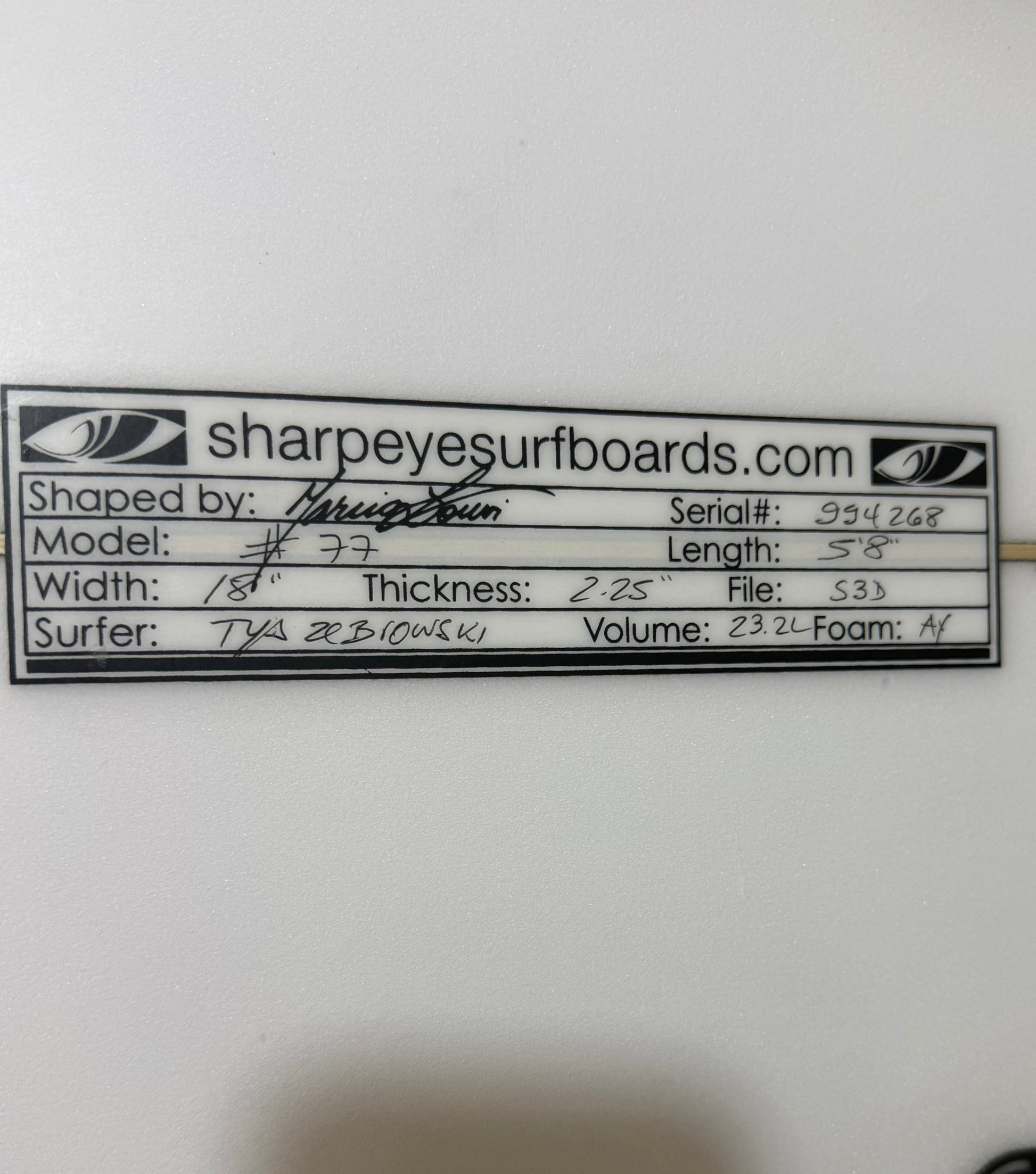 USA工場在庫 中古 Tya #77 5'8" x 18" x 2.25" 23.2L