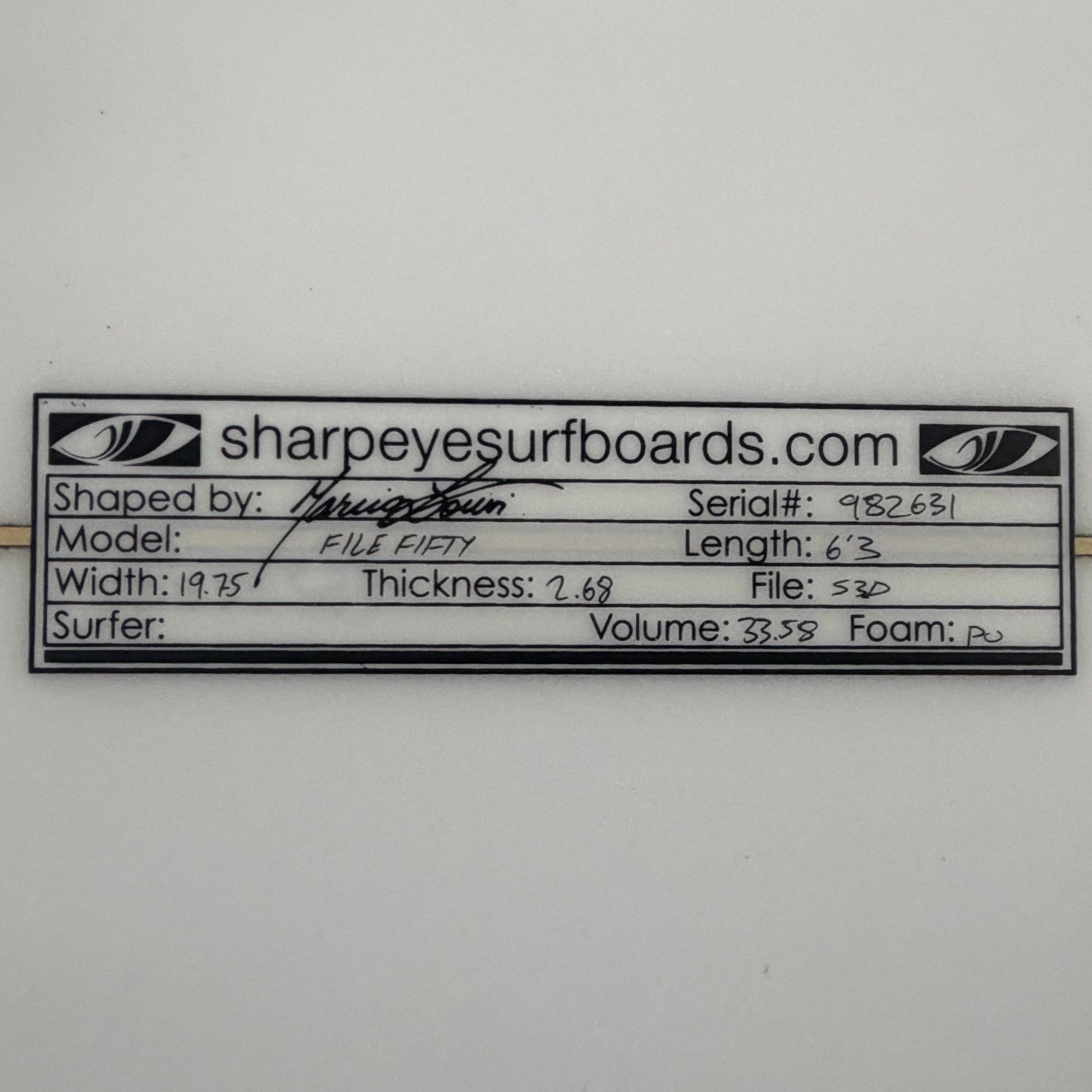 USA工場在庫 未使用品 File Fifty 6'3" x 19.75" x 2.68" 33.58