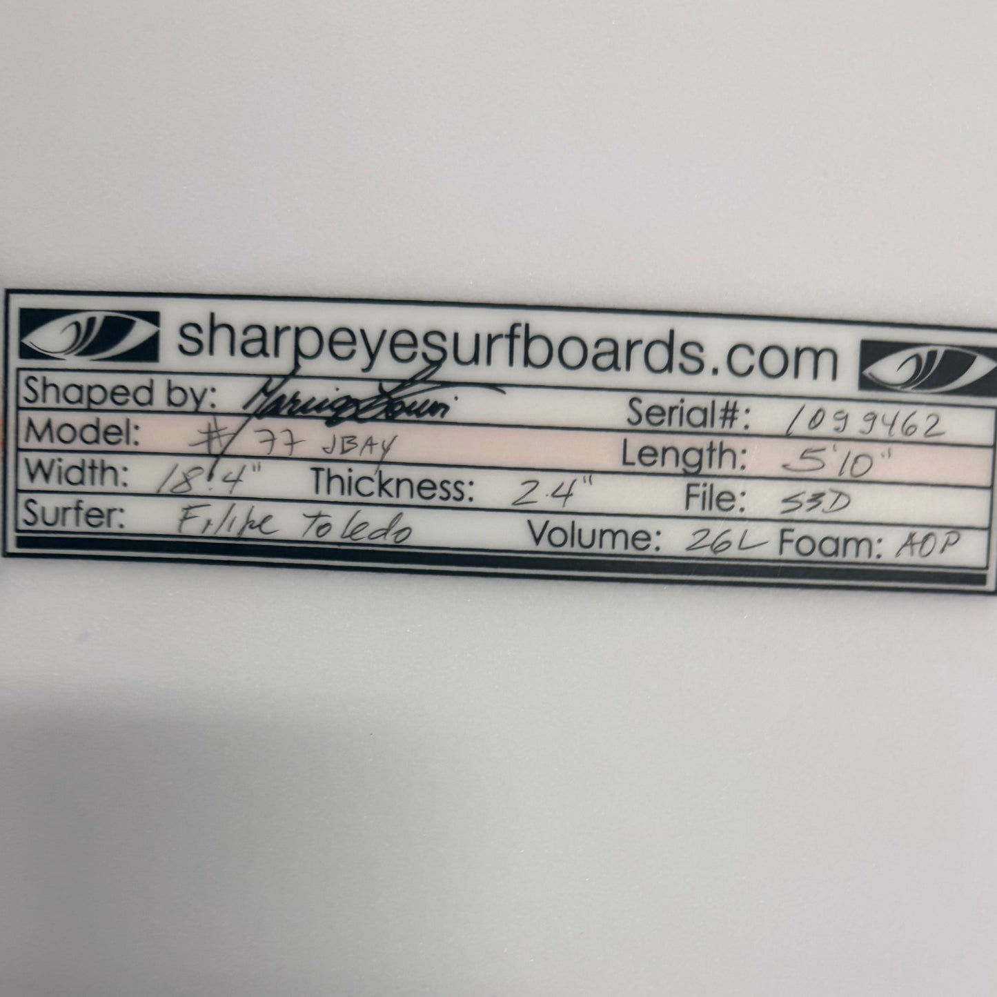 USA工場在庫 未使用品 Filipe Toledo #77 Jbay 5'10" x 18.4" x 2.4" 26L