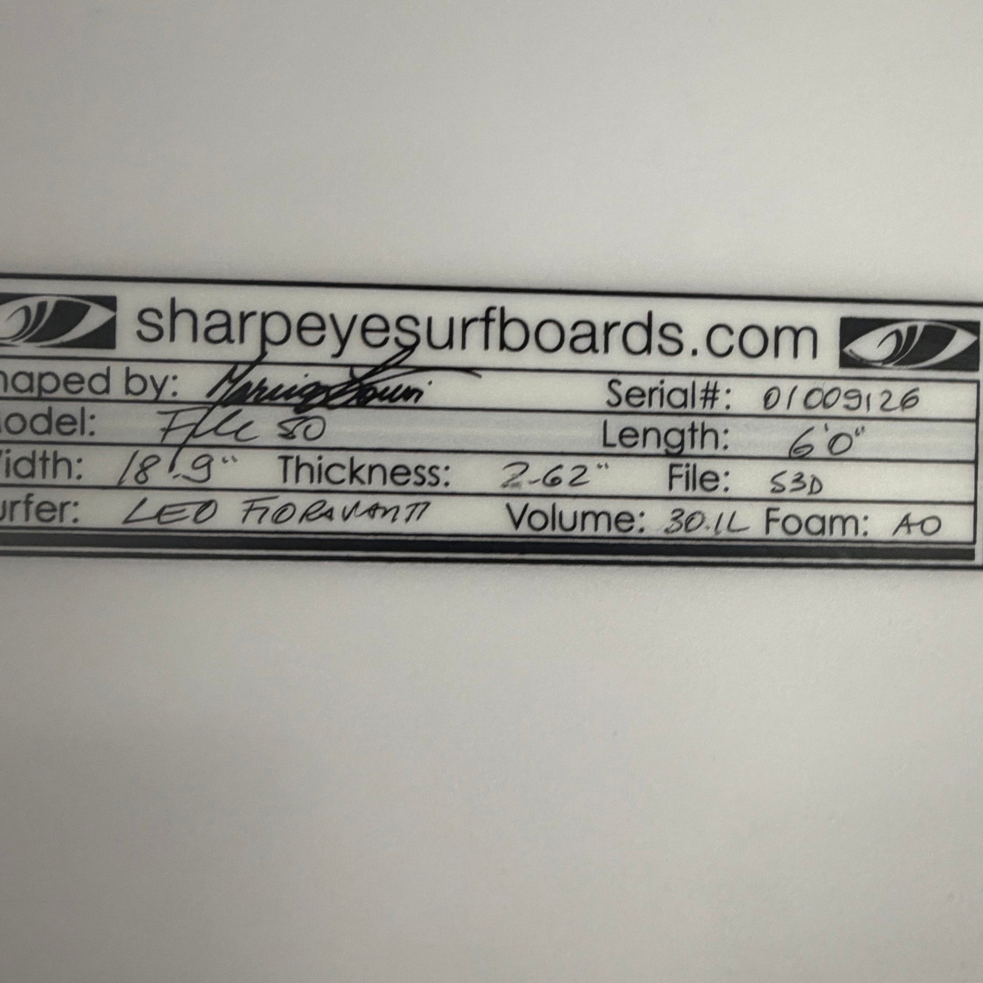 USA工場在庫 中古 Leo Fioravanti File 50 6'0" x 18.9" x 2.62" 30.1L