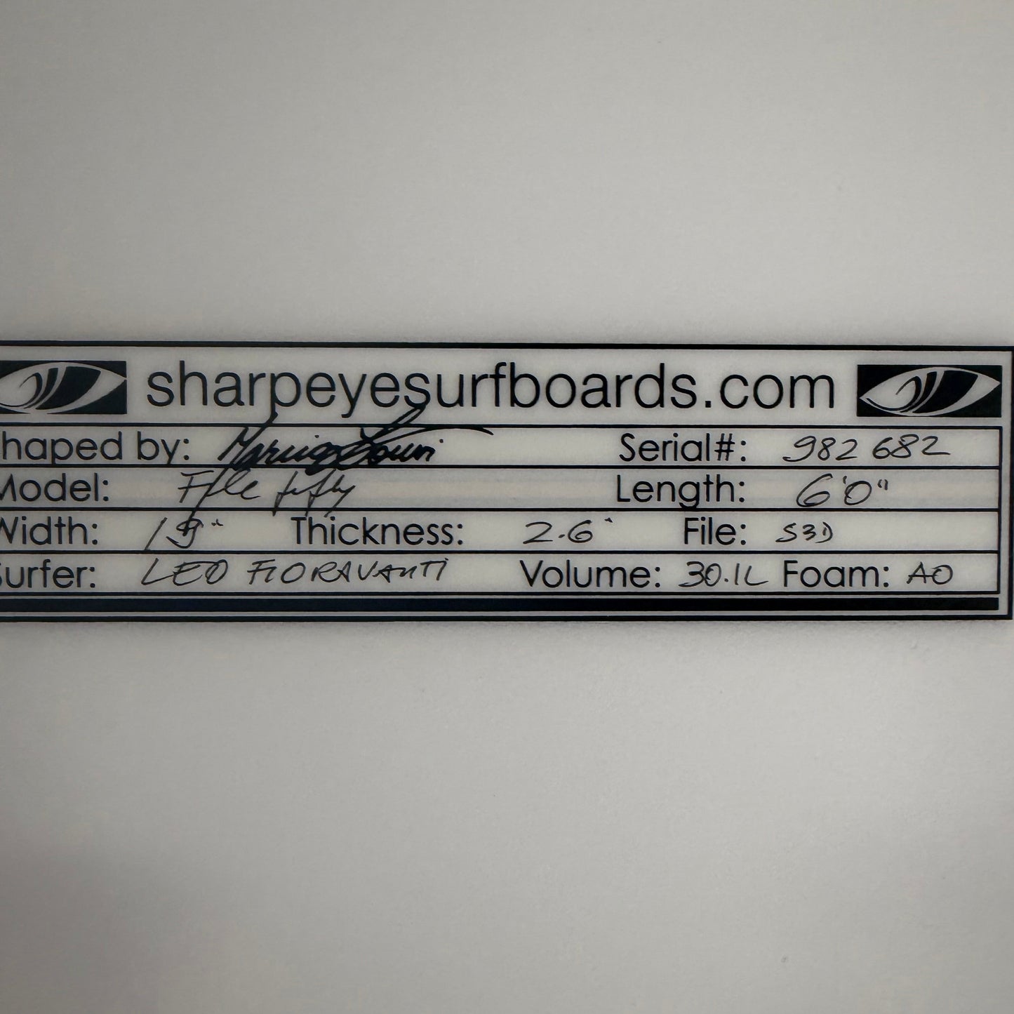 USA工場在庫 中古 Leo Fioravanti File 50 6'0" x 19" x 2.6" 30.1L