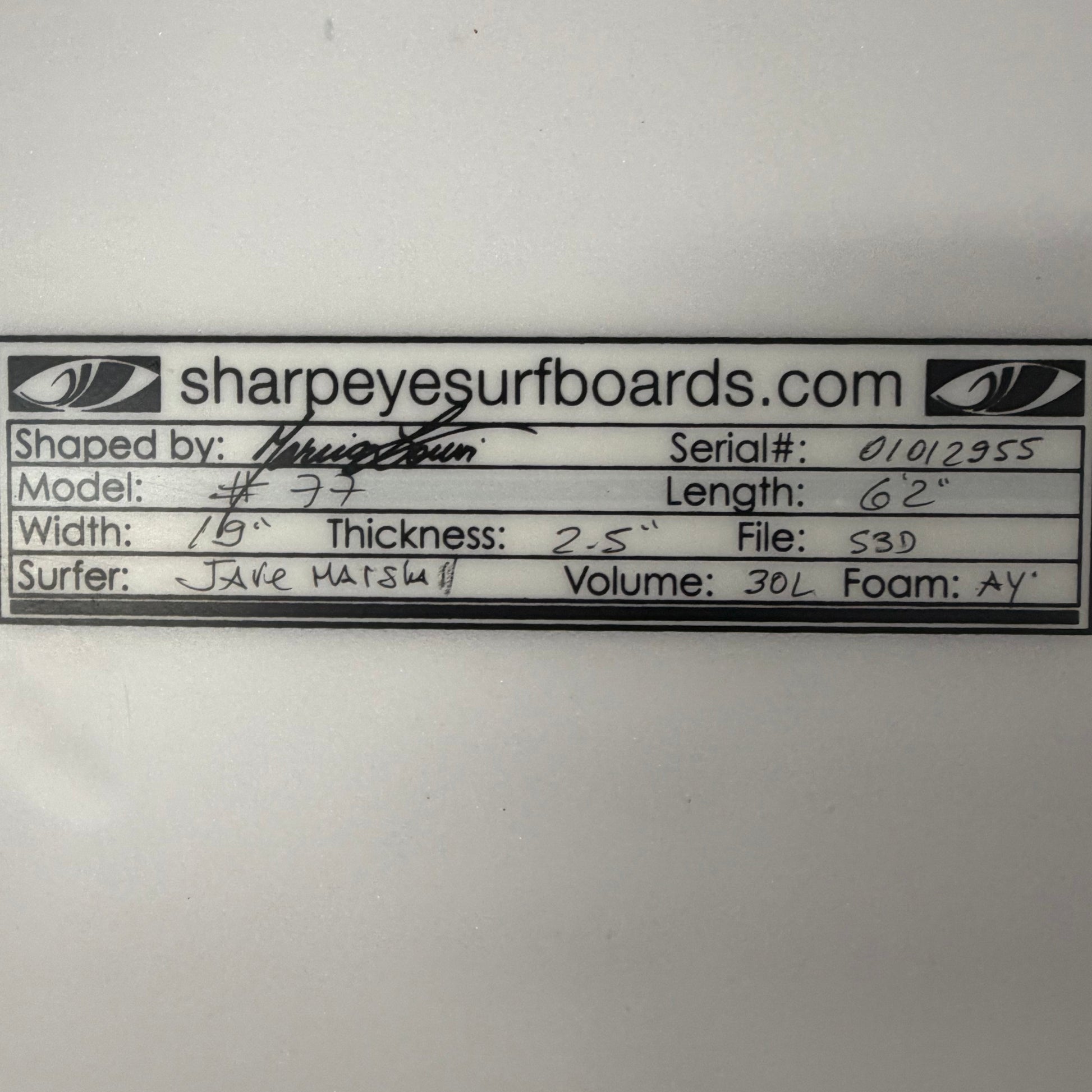 USA工場在庫 中古 Jake Marshall 77 6'2" x 19" x 2.5" 30L