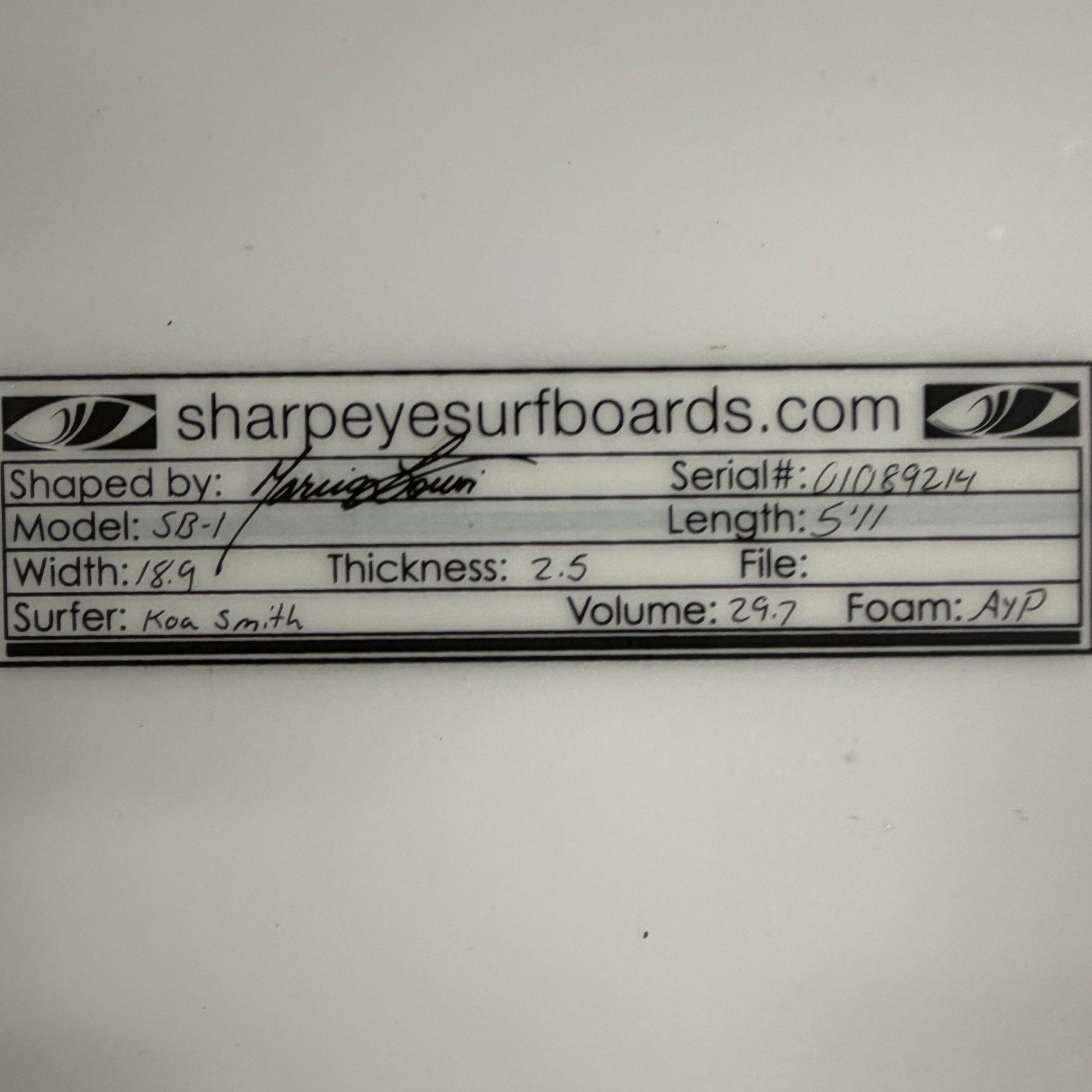 USA工場在庫 中古 Koa Smith SB-1 5'11" x 18.9" x 2.5" 29.7L