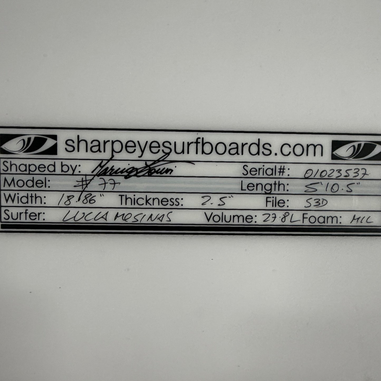 USA工場在庫 中古 #77 5'10.5" x 18.86" x 2.5" 27.8L