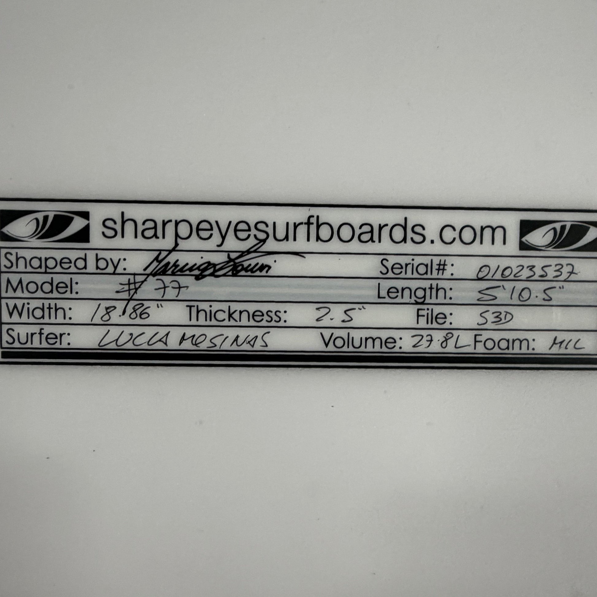 USA工場在庫 中古 #77 5'10.5" x 18.86" x 2.5" 27.8L