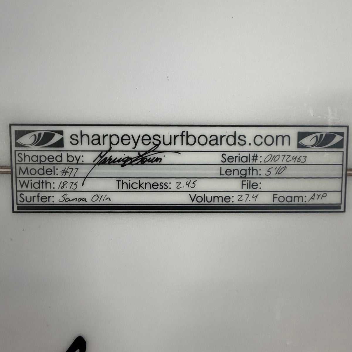 USA工場在庫 中古 #77 5'10" x 18.75" x 2.45" 27.4L